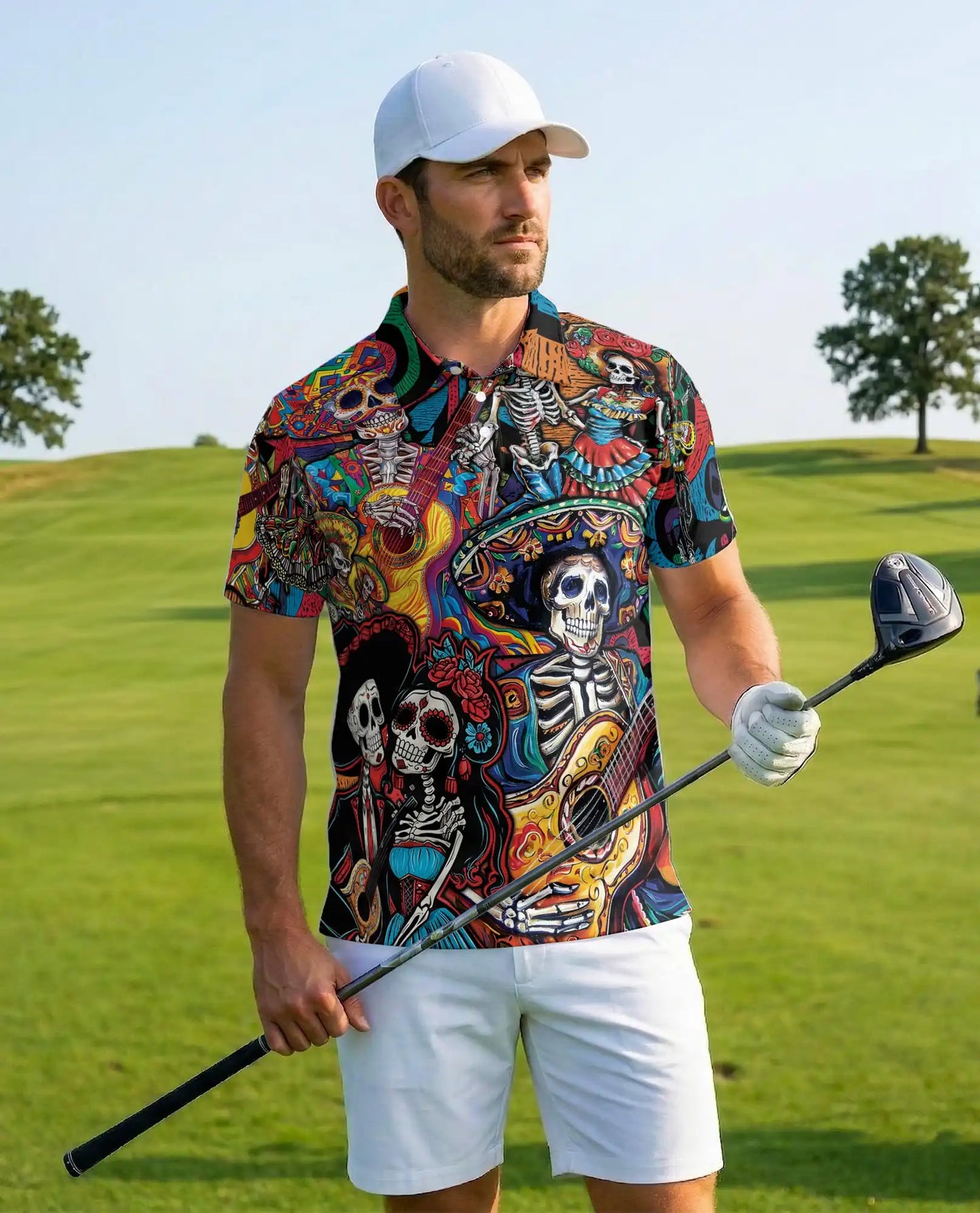 Dia de los Muertos Guitar Polo Shirt - Colorful Fiesta Style | Netecom