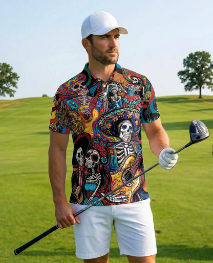 Dia de los Muertos Guitar Polo Shirt - Colorful Fiesta Style | Netecom