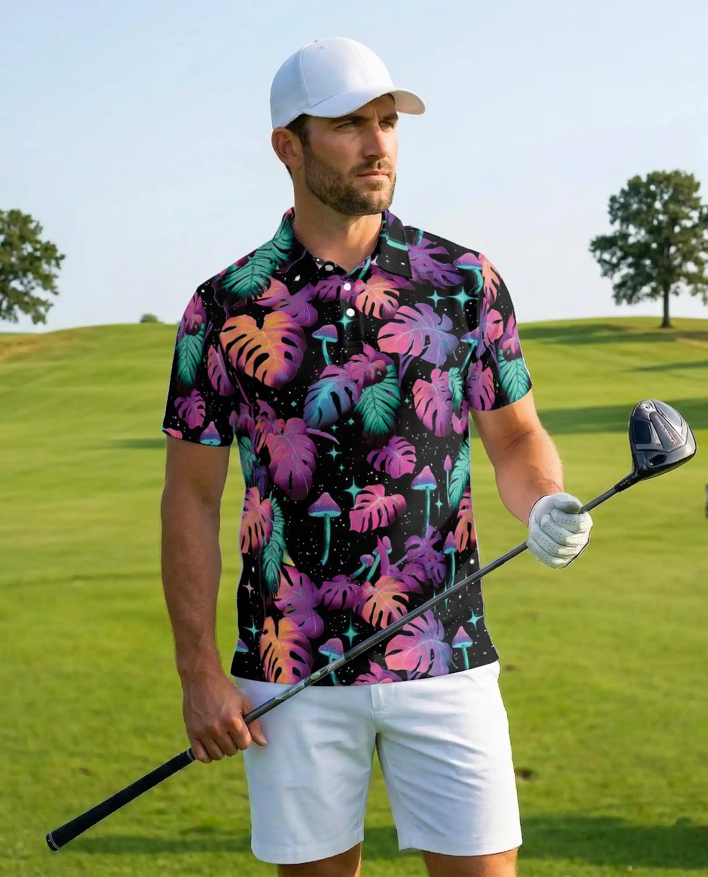 Neon Tropical Leaves Polo Shirt - Psychedelic Mushroom Style | Netecom