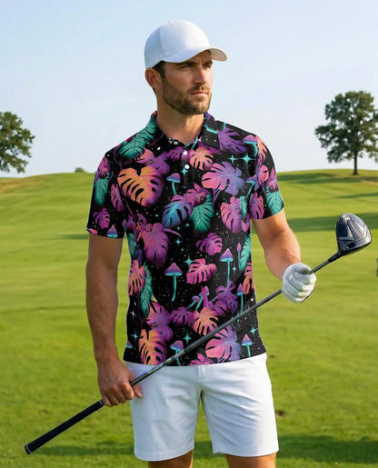 Neon Tropical Leaves Polo Shirt - Psychedelic Mushroom Style | Netecom