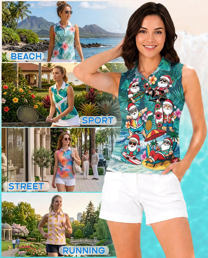 Surf's Up Santa Sleeveless Polo Shirt for Women – Christmas Beach Style | Netecom