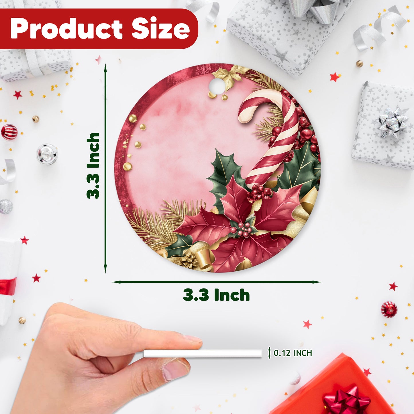 Netecom Elegant Pink Poinsettia and Holly Berries Leaves Christmas Ornament, Ceramic Candy Cane Keepsake Ornament for Xmas Tree Decorations, Gifts for Holiday, Party, Home Decor