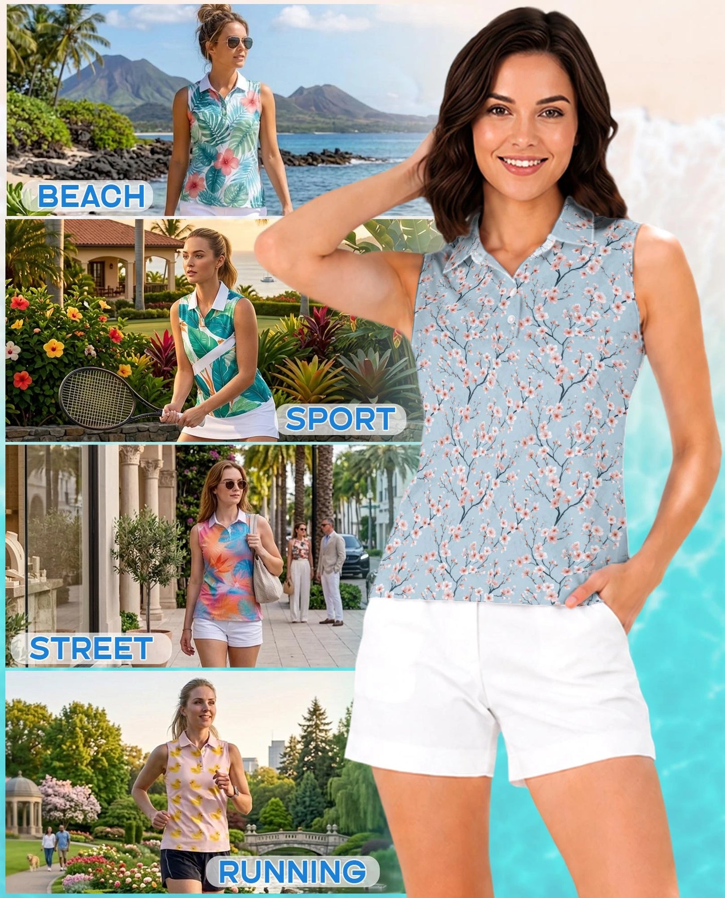 Japanese Sakura Sleeveless Polo Shirt for Women – Elegant Cherry Blossom Style | Netecom