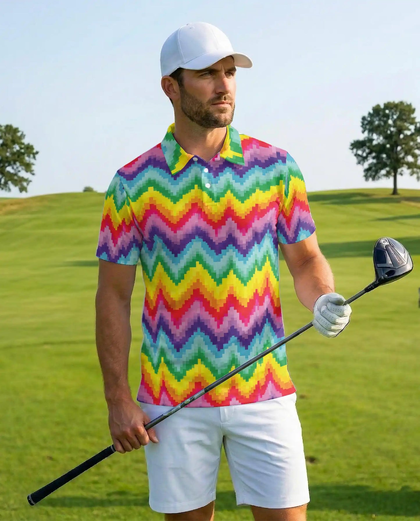Rainbow Zigzag Polo Shirt for Men – Colorful Retro Style | Netecom