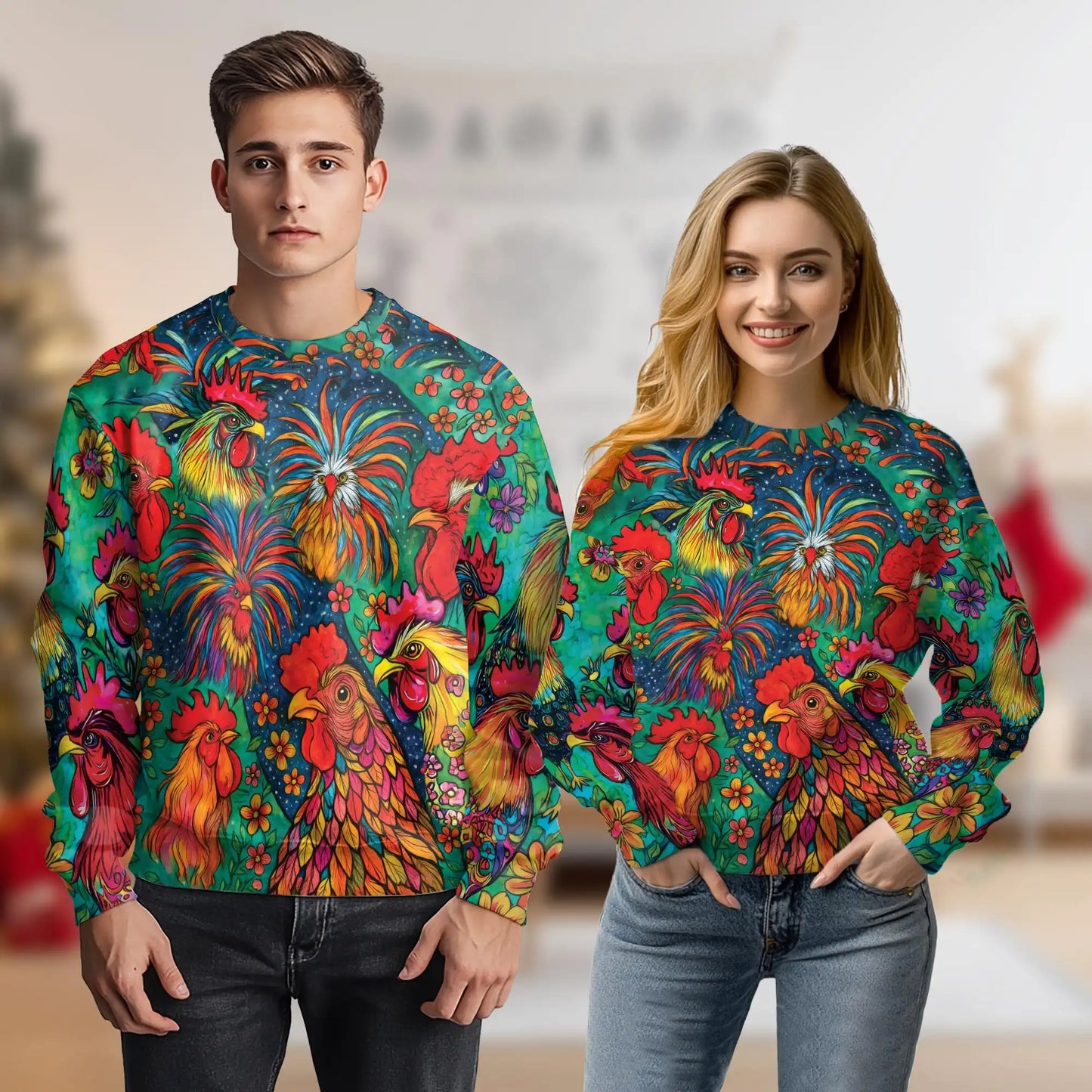 Colorful Chicken Farm Summer Sweatshirt, 3D All Over Print Farm Animal Crewneck Pullover for Men Women, Chicken Lover Gift - Netecom