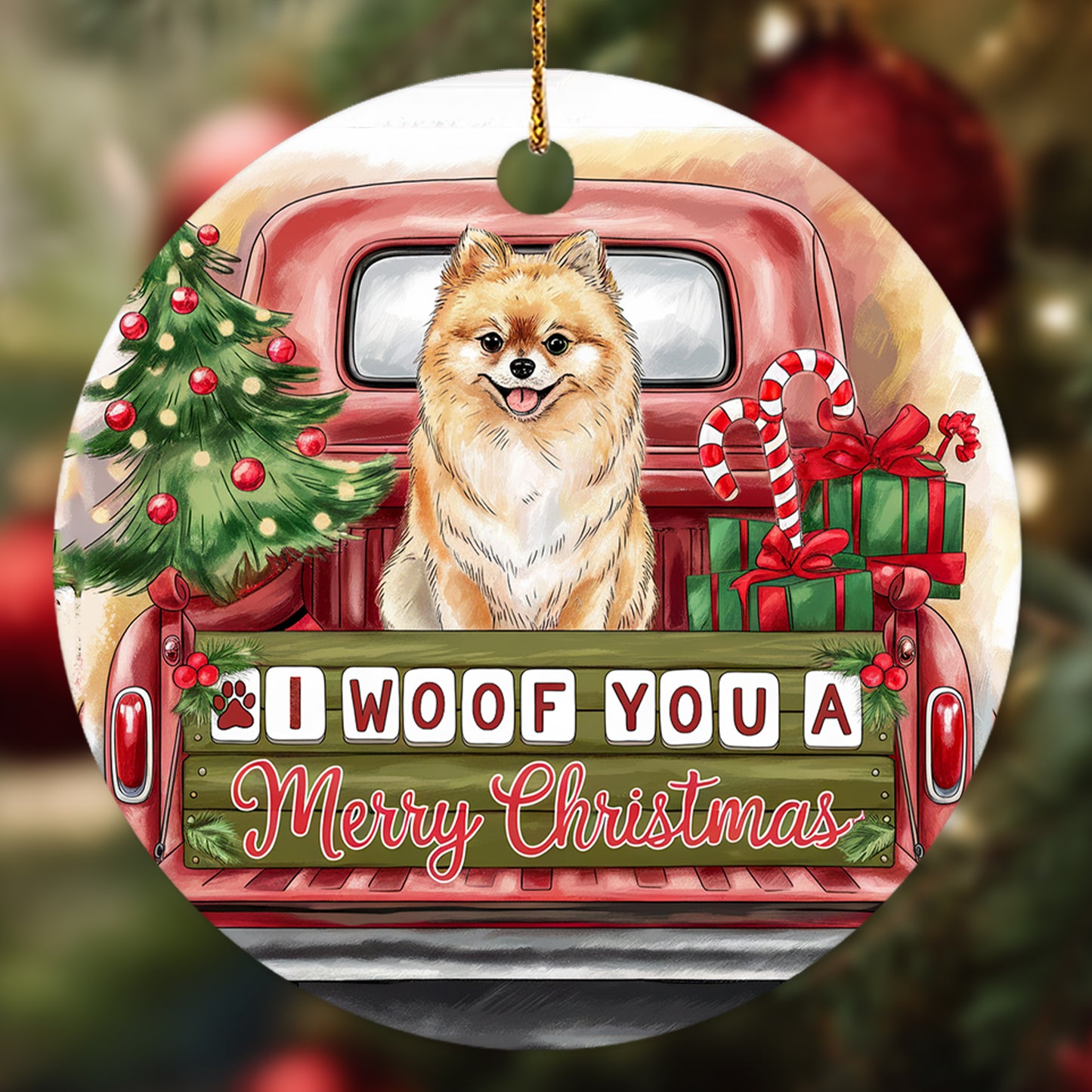 Netecom Cute Pomeranian Dog in Red Truck Ornament, I Woof You a Merry Christmas Ceramic Ornament for Christmas Tree Hanging Decorations Gift, Dog Lover Gifts, Holiday Party Present