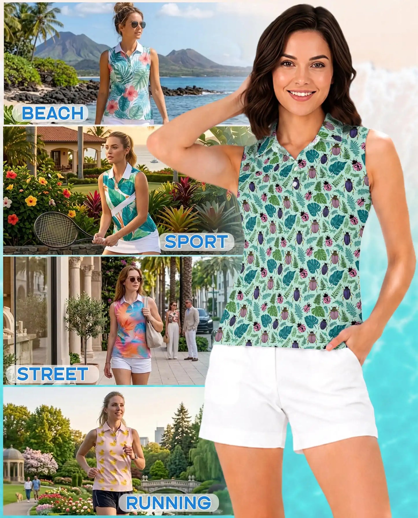Beetle And Tropical Leaf Sleeveless Polo Shirt for Women  | Netecom