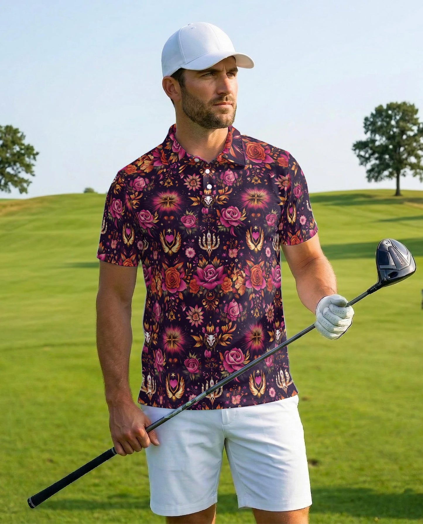 Kaleidoscope Rose Polo Shirt for Men – Colorful Floral Art Style | Netecom
