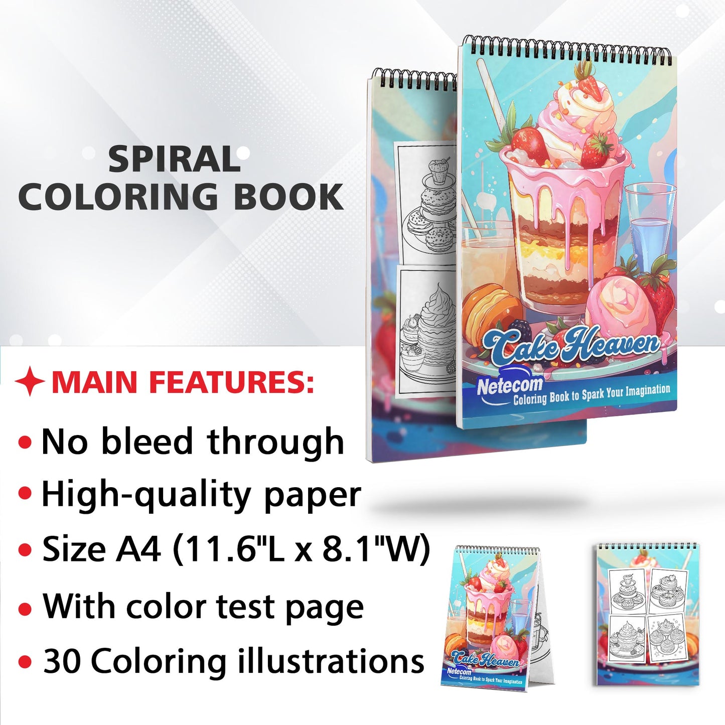 Cake Heaven Spiral Bound Coloring Book, Embark on a Sweet Journey with 30 Serene Coloring Pages, Finding Therapeutic Release and a Sense of Dessert Wonder