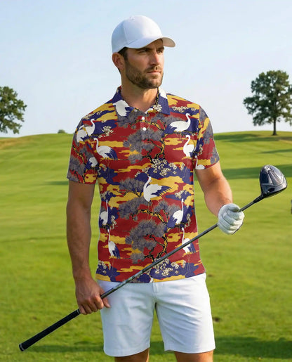 Crane Bird Polo Shirt for Men – Japanese Garden Style | Netecom