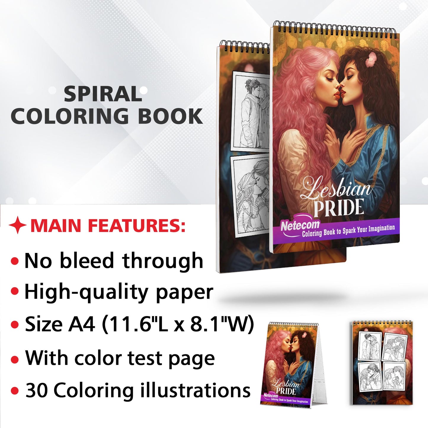 Lesbian Pride Spiral Bound Coloring Book, Experience 30 Heartwarming Coloring Pages, Celebrating Love and Connection within the Lesbian Community