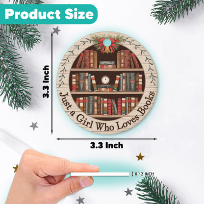 Netecom Just a Girl Who Loves Books Ornament, Bookshelf Circle Ceramic Ornament for Christmas Tree Hanging Decorations Gift, Book Lover Gifts for Women Librarian Teacher Bookworm Literature
