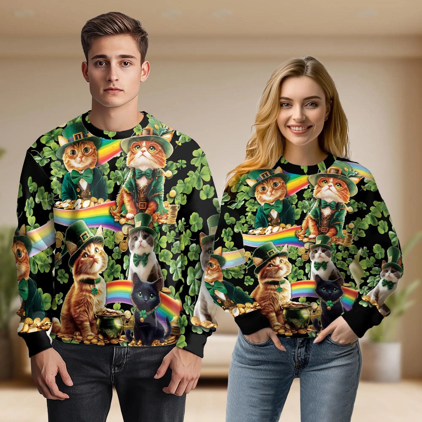 Saint Patrick's Day Cats Shamrocks Sweatshirt, 3D All Over Print Irish Cat Crewneck Pullover for Men Women, St Patrick’s Day Gift - Netecom