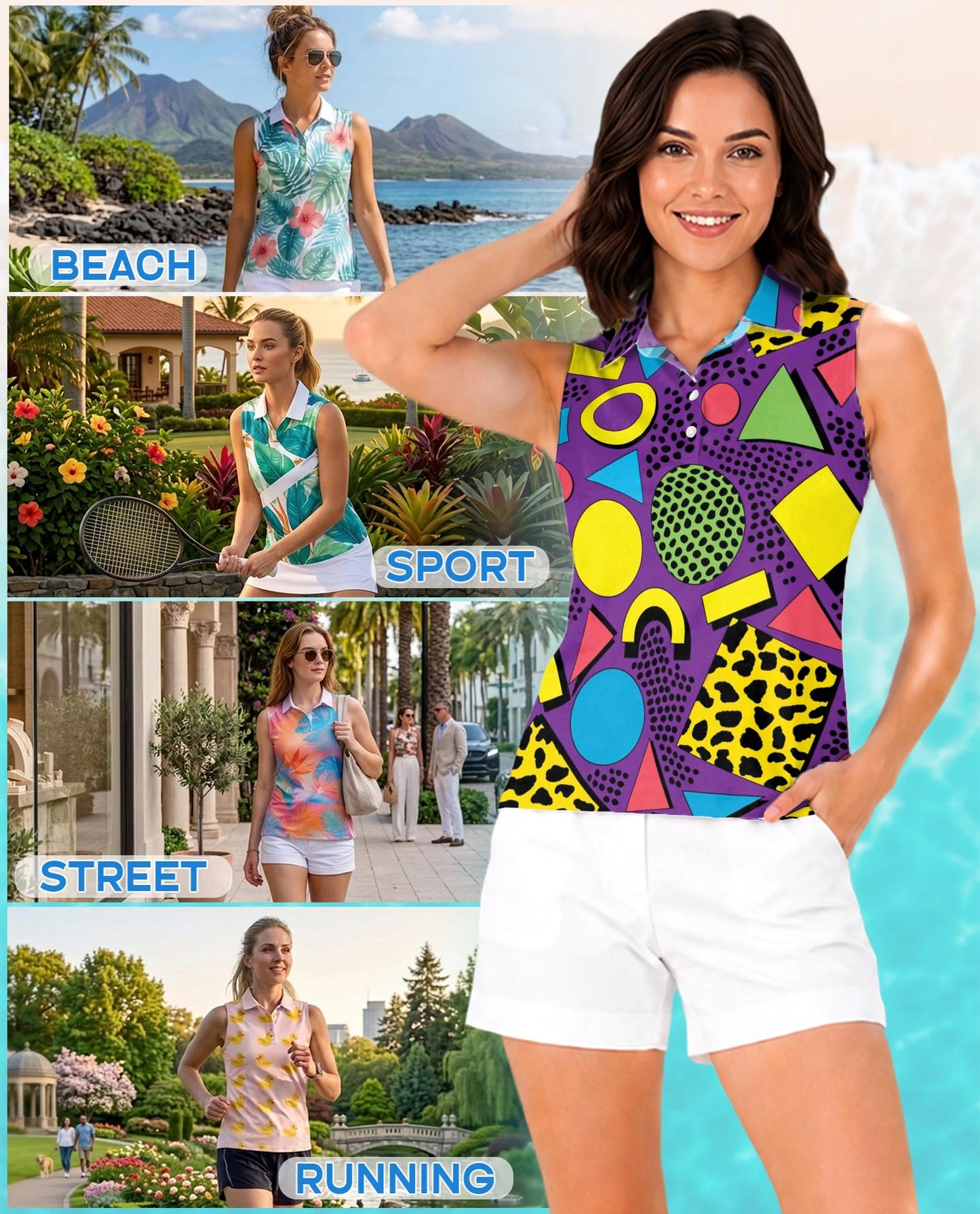 Retro Abstract Shapes Pattern Sleeveless Polo Shirt for Women | Netecom