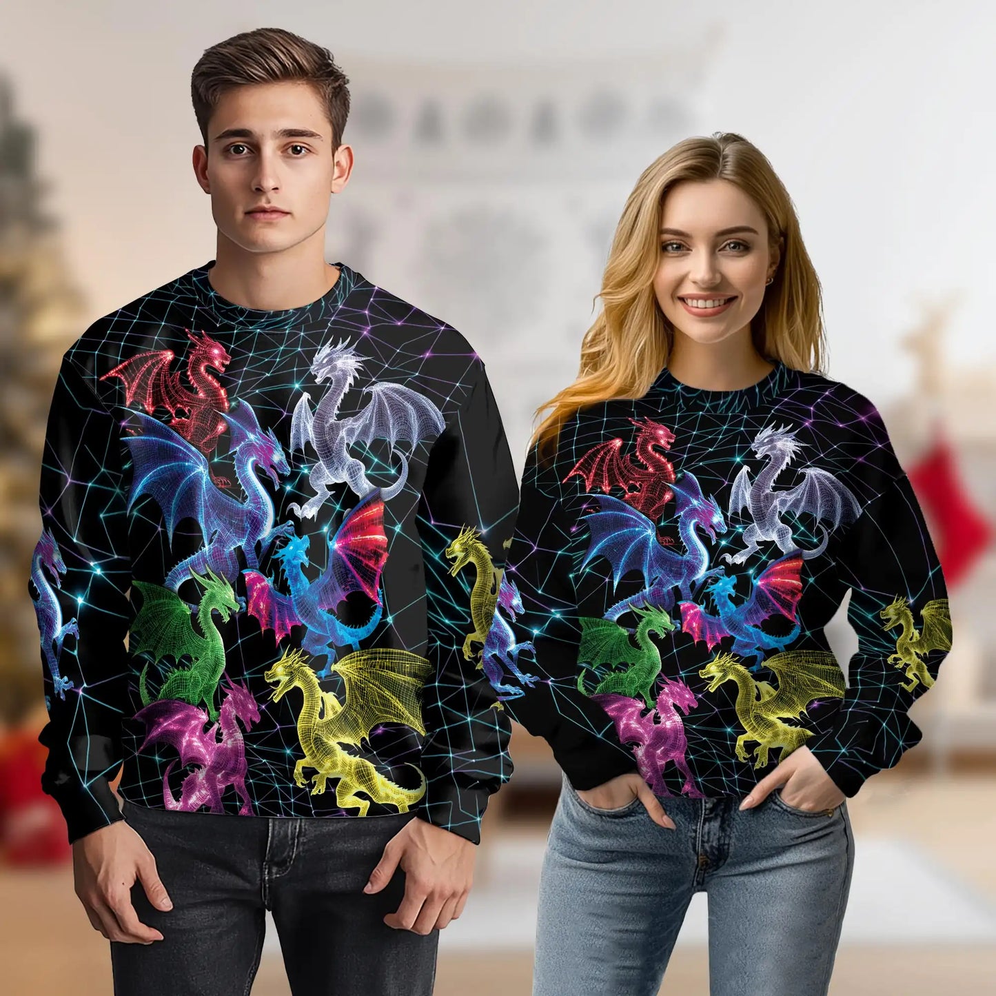 Neon Wireframe Dragon Pattern Sweatshirt, 3D All Over Print Futuristic Cyber Dragon Crewneck Pullover for Men Women, Dragon Lover Gift - Netecom