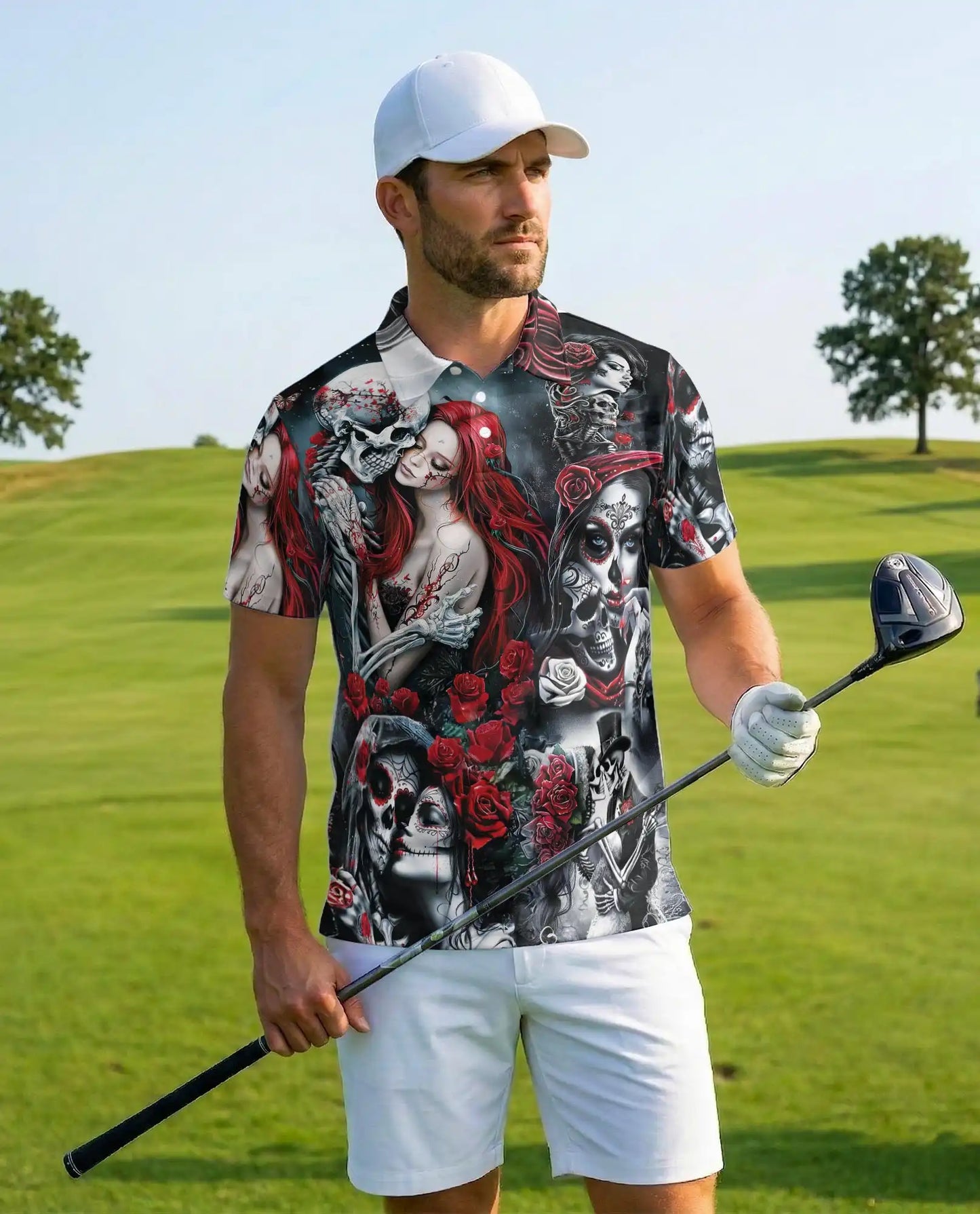 Day of the Dead Sugar Skull Polo Shirt for Men – Gothic Skeleton Roses | Netecom