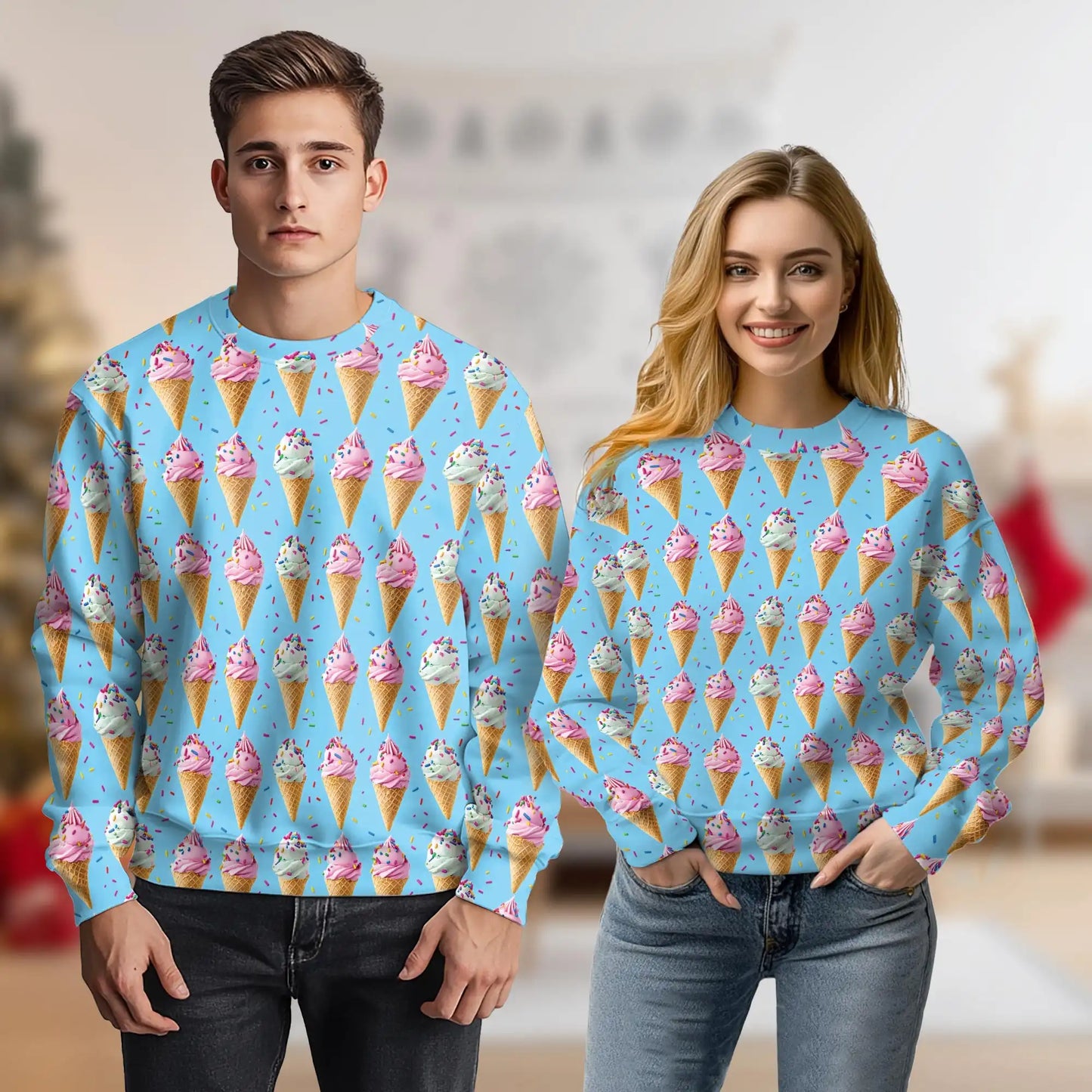 Ice Cream Pattern Sweatshirt, 3D All Over Print Dessert Crewneck Pullover for Men Women, Ice Cream Lover Gift - Netecom