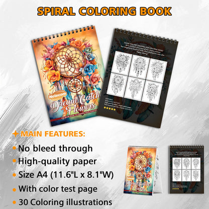 Dreamcatcher Flowers Spiral Bound Coloring Book, Dreamy Dreamcatcher and Flower Designs, Perfect for a Peaceful and Mystical Artistic Escape