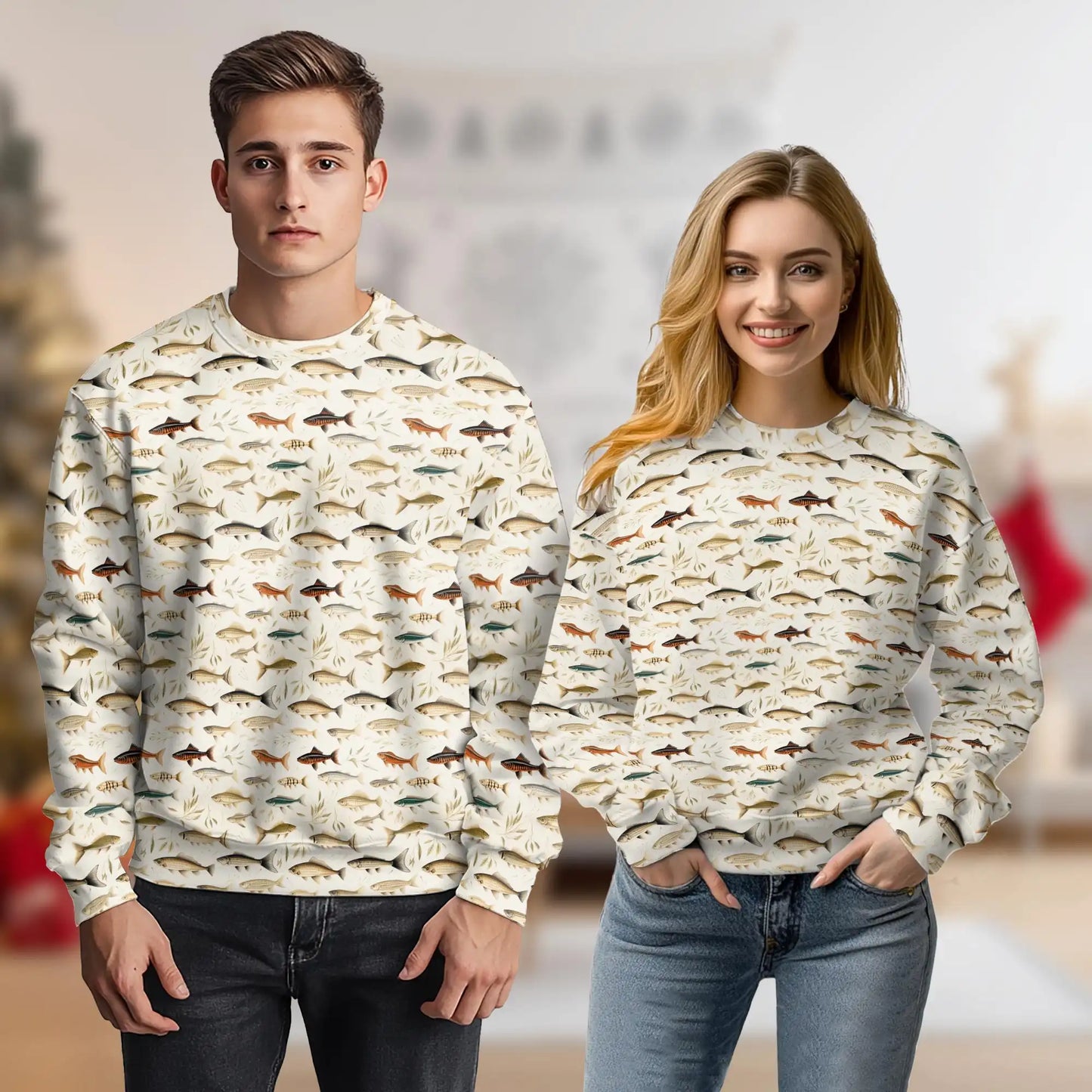 Fish Pattern Sweatshirt, 3D All Over Print Tropical Ocean Crewneck Pullover for Men Women, Fishing and Fish Lover Gift - Netecom