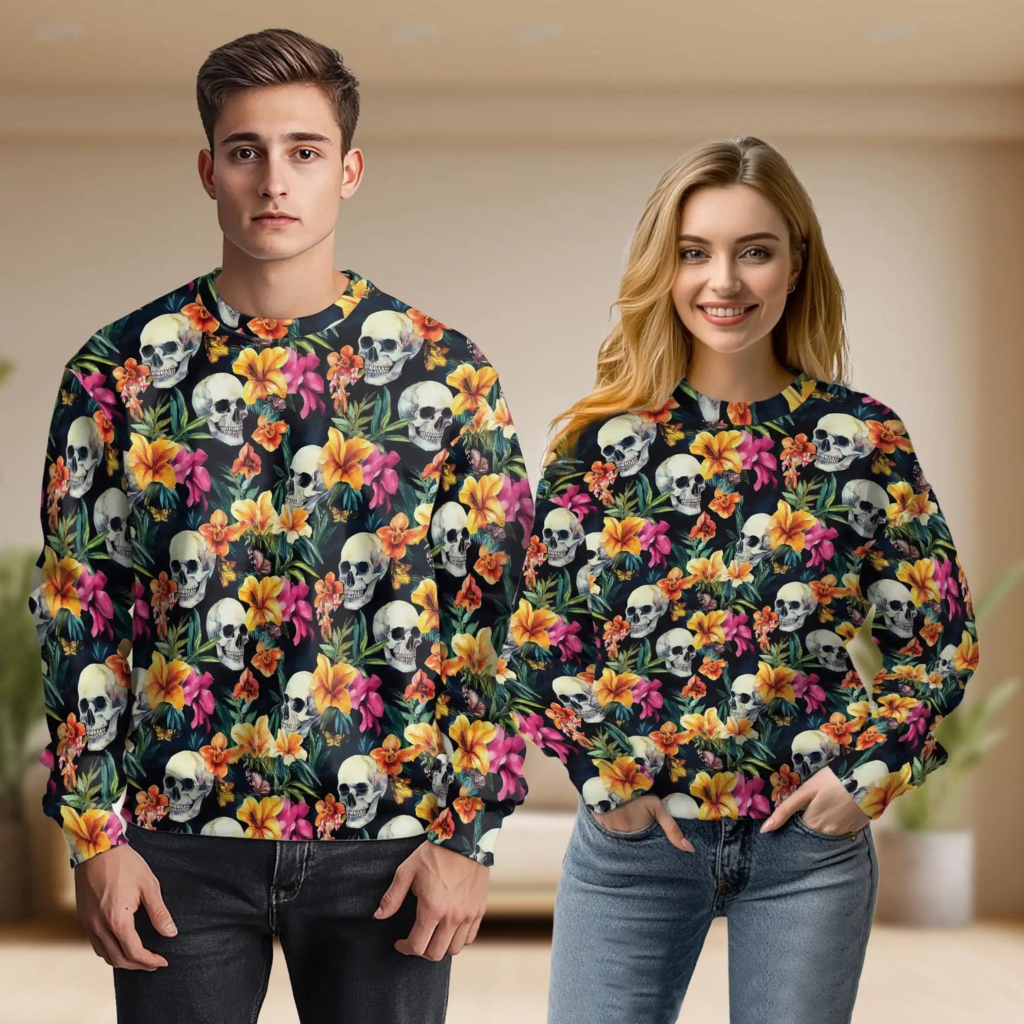 Tropical Skull Colorful Sweatshirt, 3D All Over Print Tropical Skull Crewneck Pullover for Men Women, Skull Lover Gift - Netecom