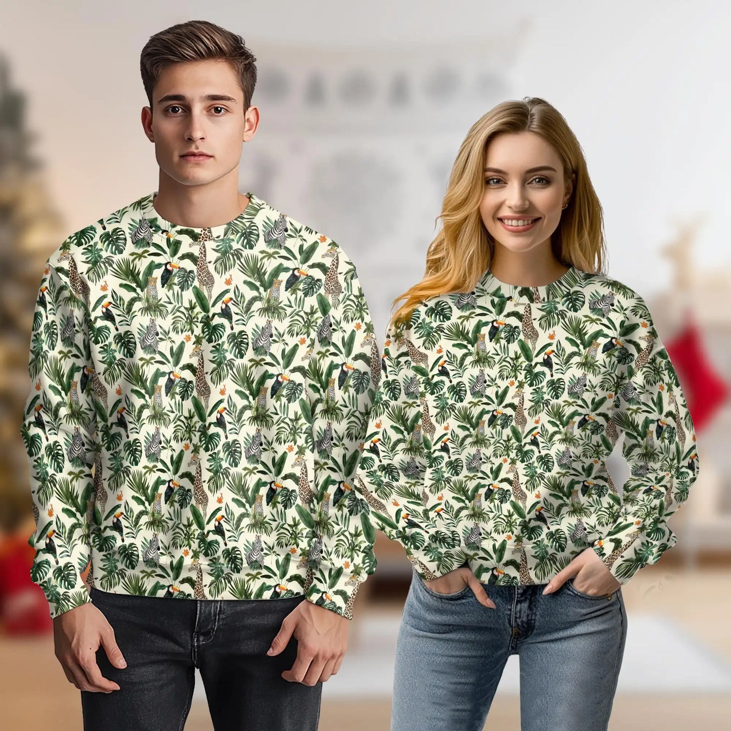Botanical Jungle Animal Sweatshirt, 3D All Over Print Tropical Wildlife Crewneck Pullover for Men Women, Animal Lover Gift - Netecom