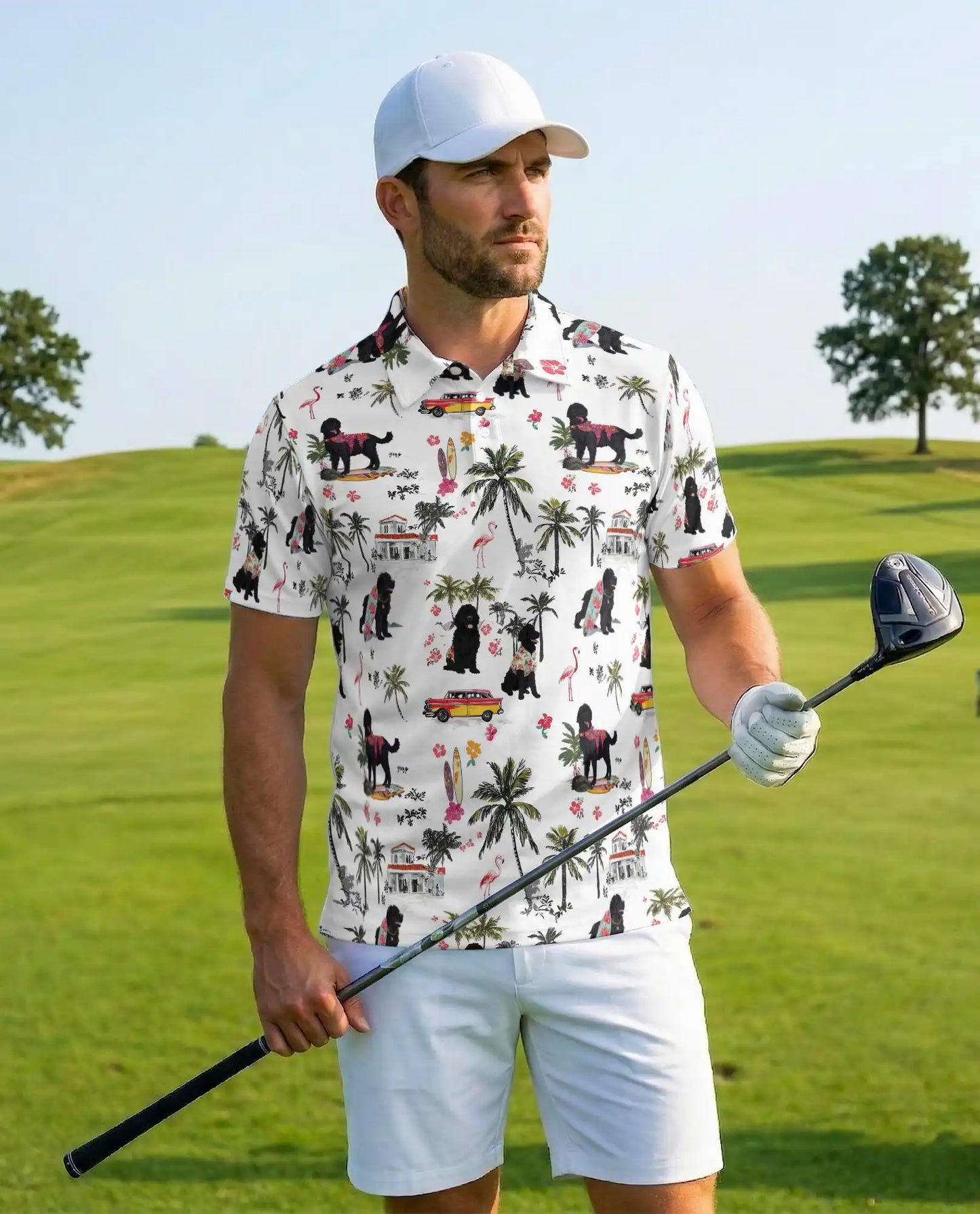 Black Poodle Tropical Beach Polo Shirt for Men- Print Hawaiian Dog  | Netecom