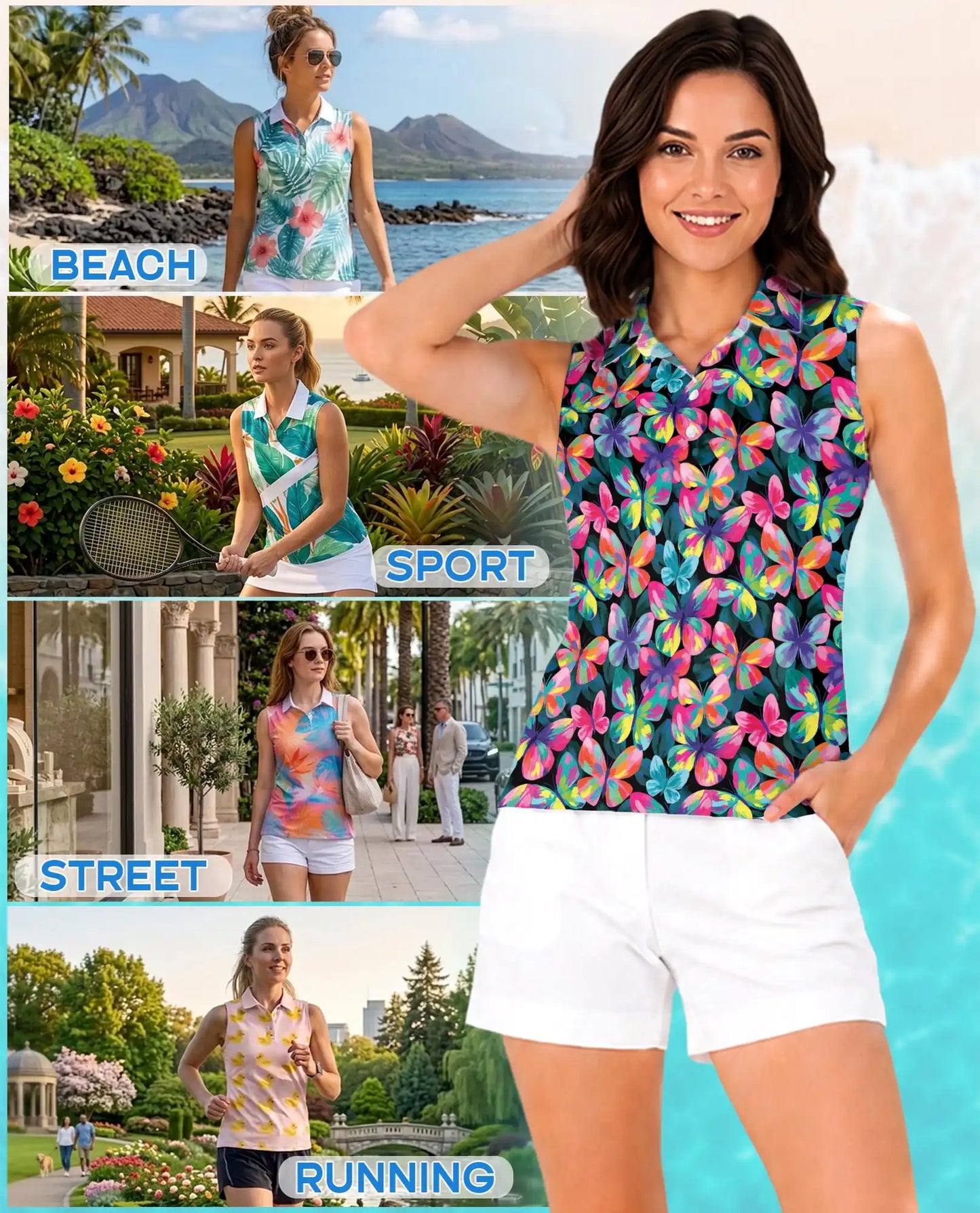 Vibrant Butterfly Pattern Sleeveless Polo Shirt for Women | Netecom