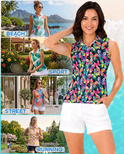 Vibrant Butterfly Pattern Sleeveless Polo Shirt for Women | Netecom