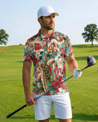 Vintage Christmas Pin Up Girl 3D Polo Shirt for Men – Retro Holiday Style | Netecom