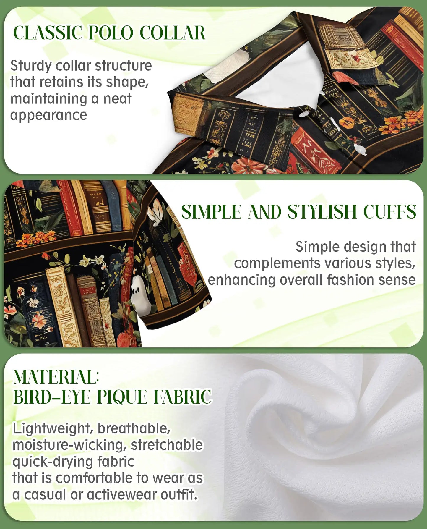 Ghost Library 3D Polo Shirt for Men – Vintage Floral Bookcase Style | Netecom