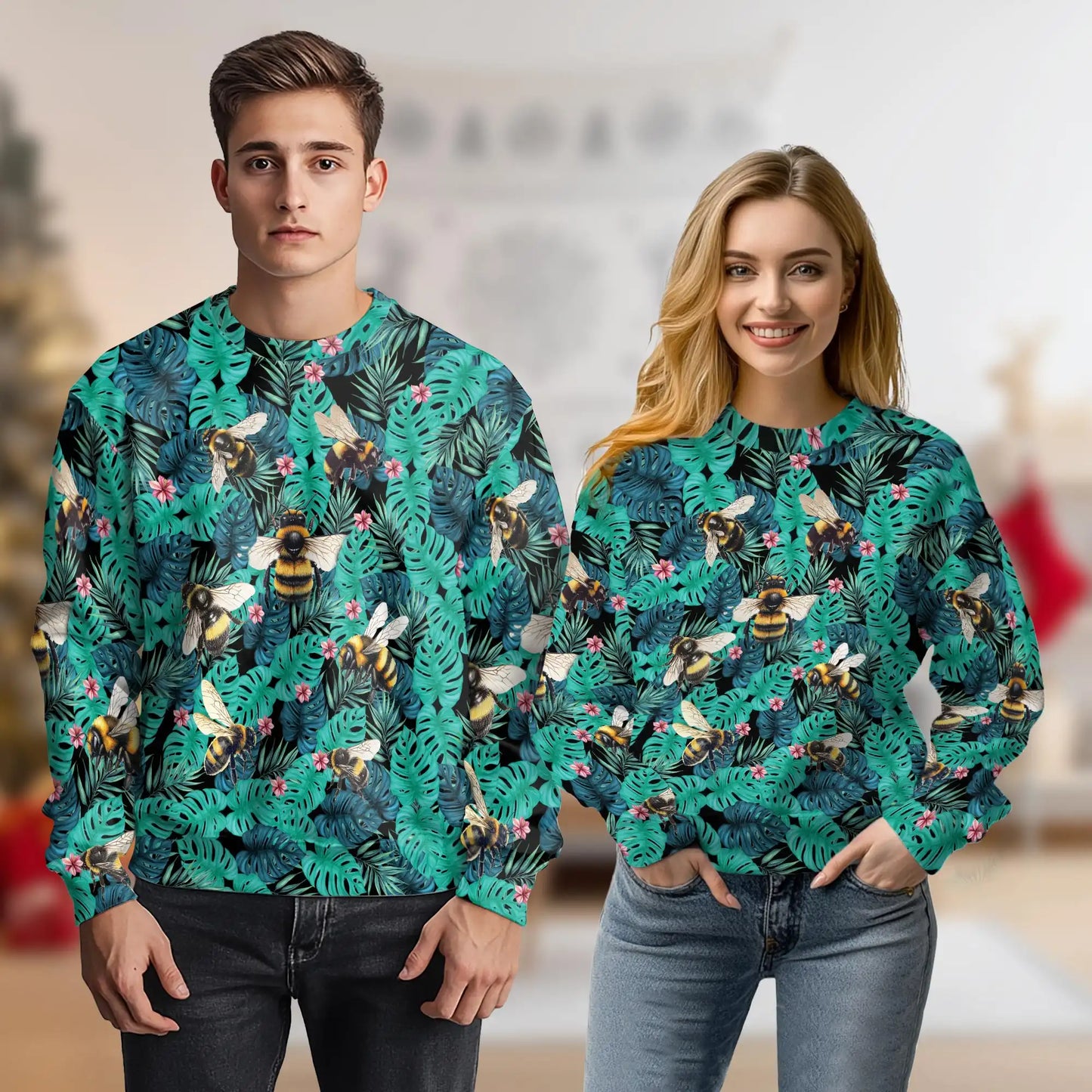 Bee Tropical Sweatshirt, 3D All Over Print Tropical Floral Crewneck Pullover for Men Women, Bee Lover Gift - Netecom