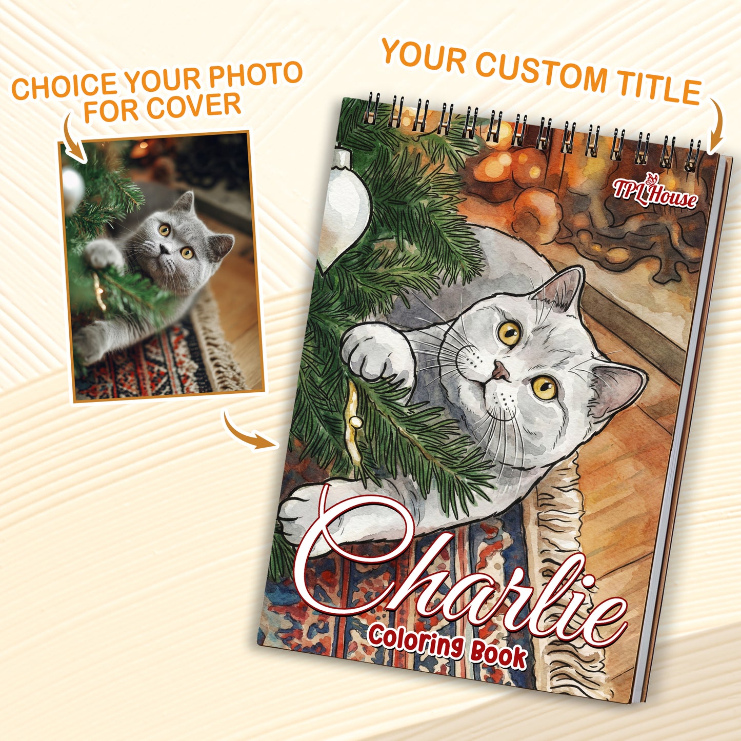 Personalized Cat Coloring Book for Adults – Custom Cat Line Art Coloring Pages from Photos, 12–48 Pages, Pet Memory Keepsake for Pet Lovers, Premium Wooden Cover, Spiral Binding