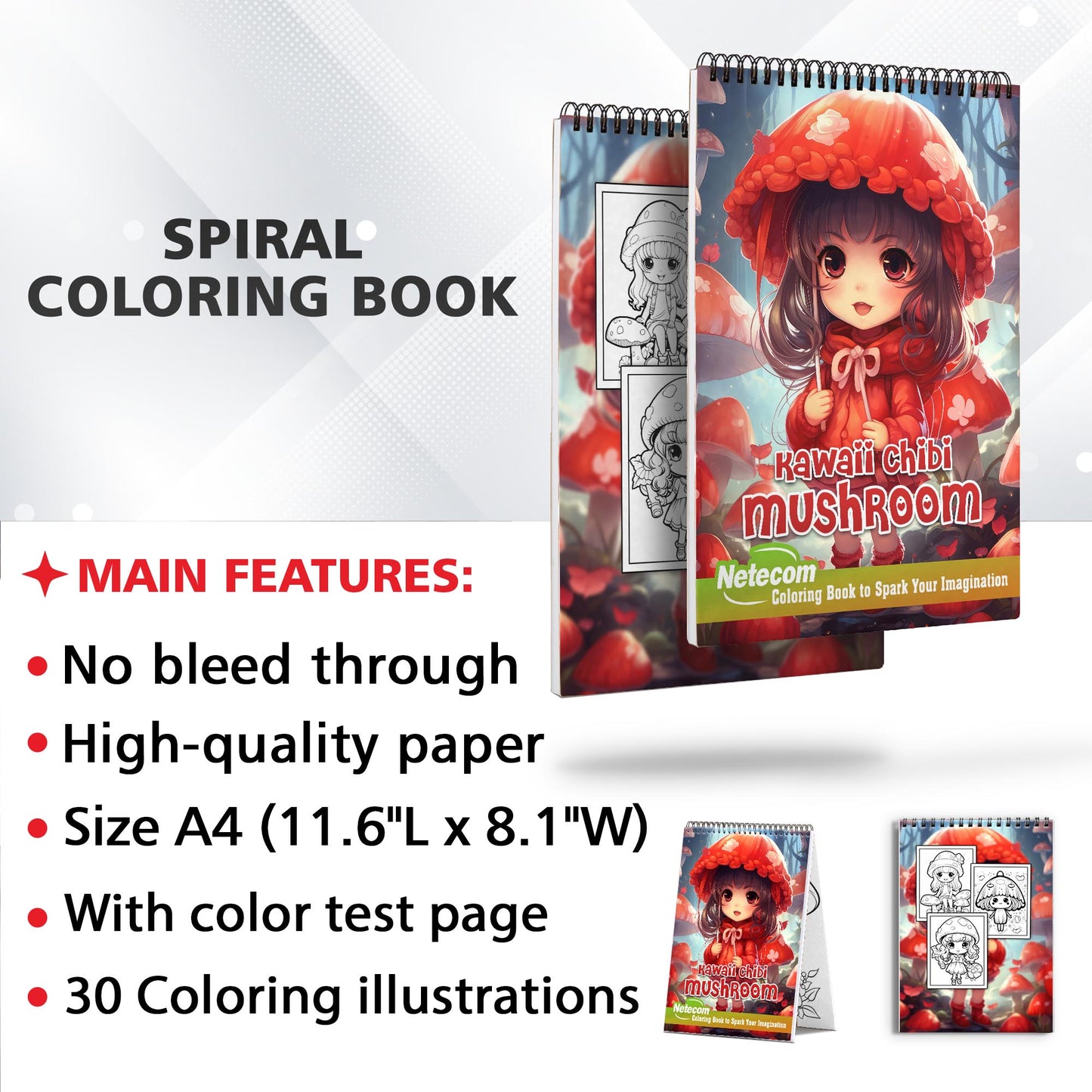 Kawaii Chibi Mushroom Spiral Bound Coloring Book, Embark on a Coloring Journey with 30 Kawaii Chibi Mushroom Designs