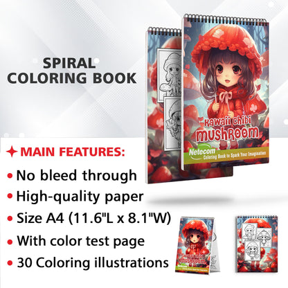 Kawaii Chibi Mushroom Spiral Bound Coloring Book, Embark on a Coloring Journey with 30 Kawaii Chibi Mushroom Designs