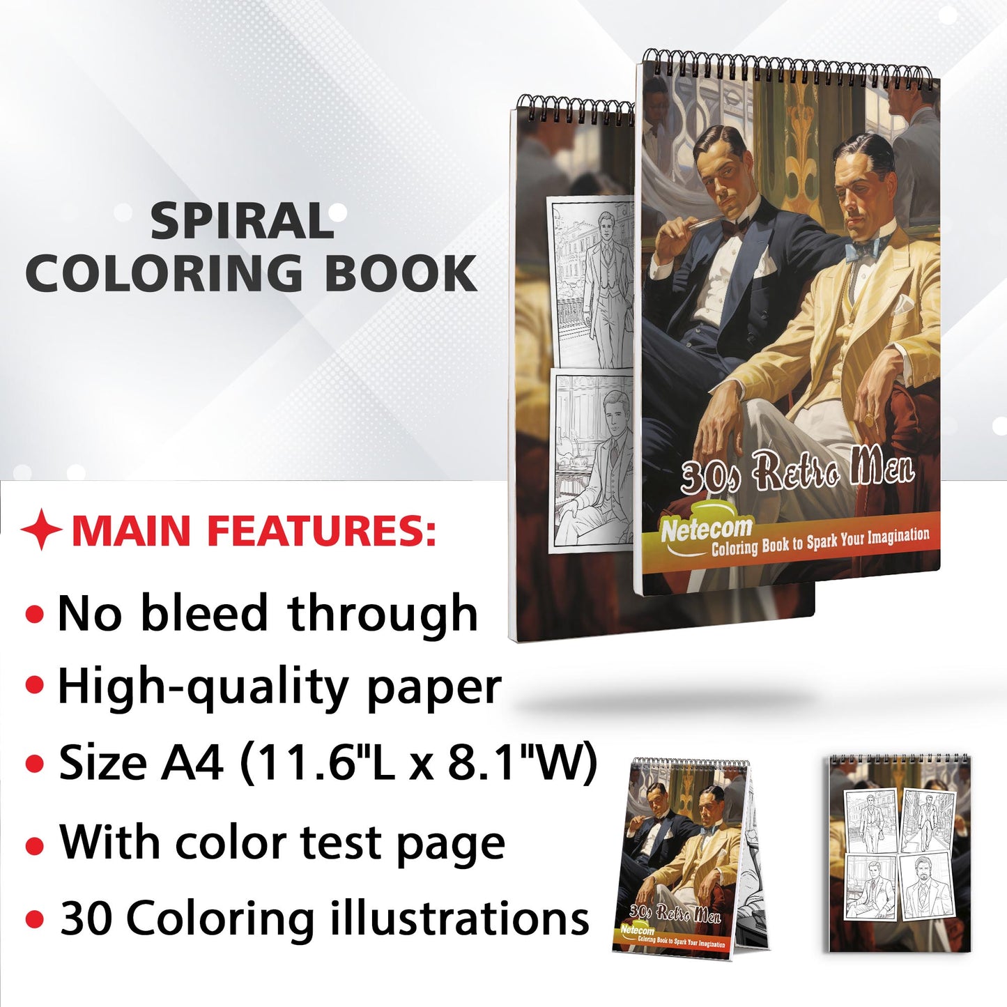 30s Retro Men Spiral Bound Coloring Book, Indulge in 30 Dashing Coloring Pages, Fostering Focus and Imagination in the Timeless Retro Era