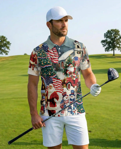 Patriotic Christmas Polo Shirt – Santa and American Flag Print | Netecom