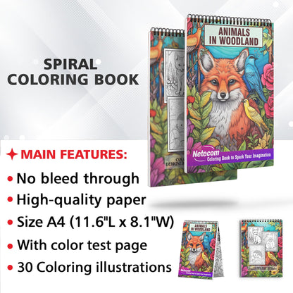 Animals In Woodland Spiral Bound Coloring Book, Unleash Your Creativity with 30 Coloring Pages, Bringing to Life the Majestic and Playful Animals of the Woodland