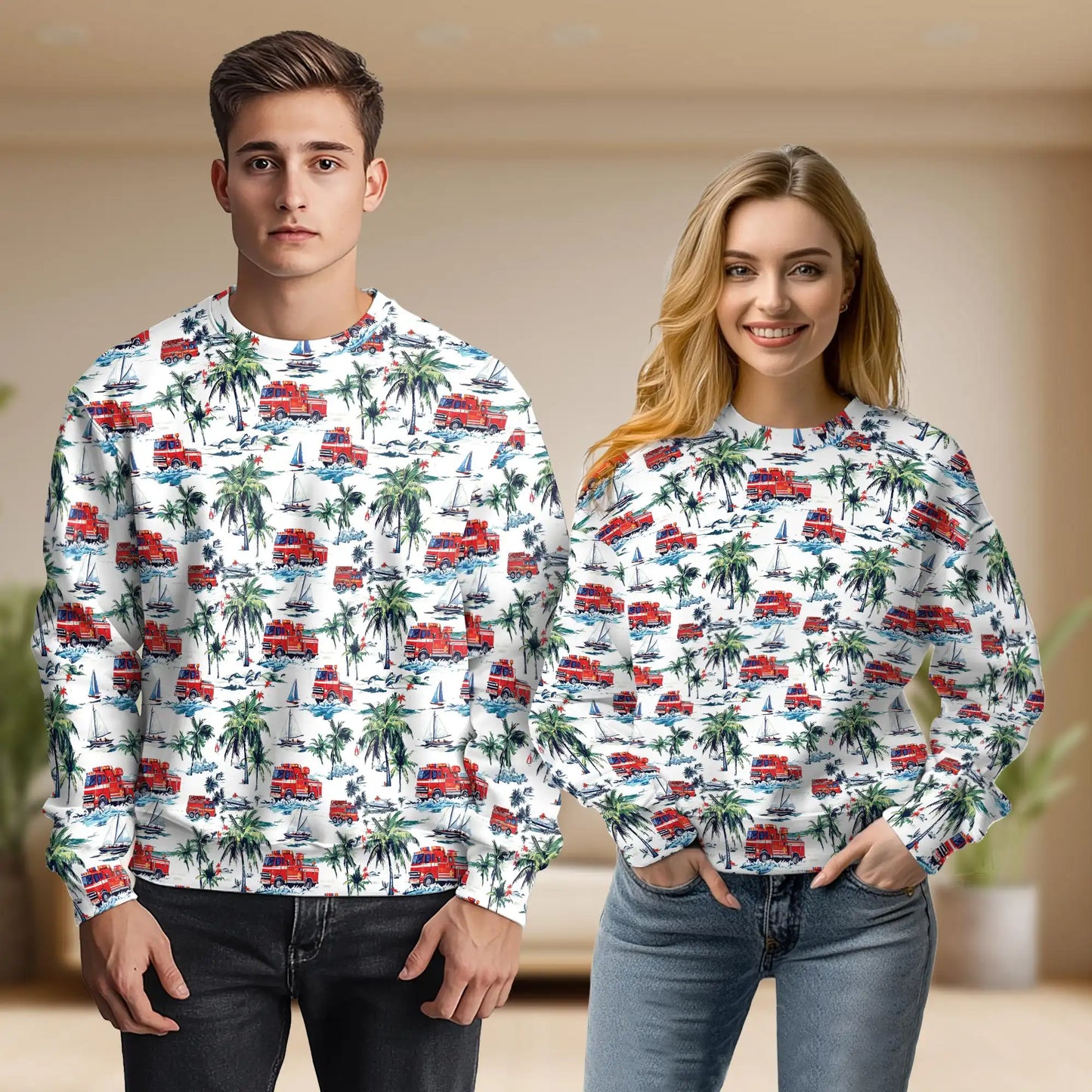 Firefighter Palm Tree Pattern Sweatshirt, 3D All Over Print Tropical Firefighter Crewneck Pullover for Men Women, Firefighter Gift - Netecom