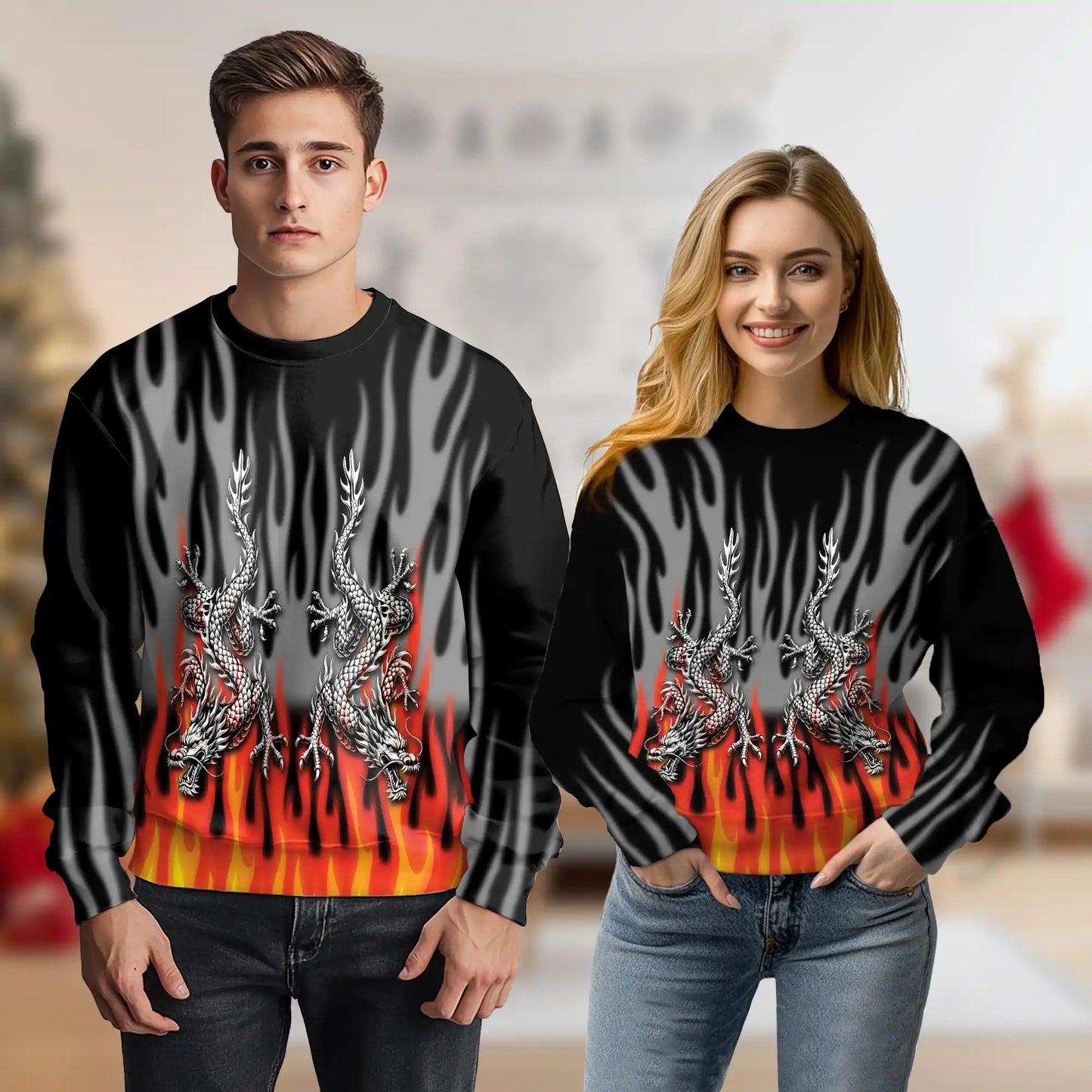 Fire Dragon Sweatshirt, 3D All Over Print Fiery Fantasy Dragon Crewneck Pullover for Men Women, Dragon Lover Gift - Netecom