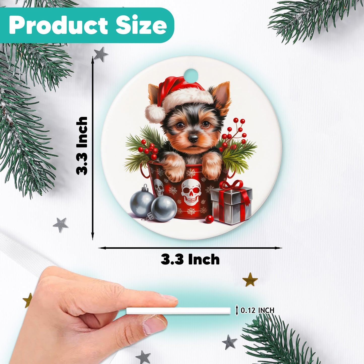 Netecom Cute Yorkshire Terrier Puppy in Bucket Ornament, Dog with Santa Hat Ceramic Ornament for Christmas Tree Hanging Decorations Gift, Pet Lover Gifts, Home Decor, Holiday Party Present