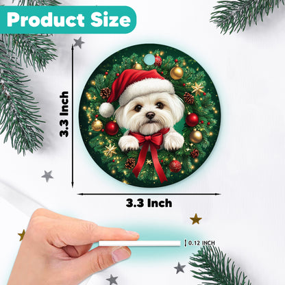 Netecom Cute Maltese Christmas Ornament, Dog Santa Hat Ceramic Ornament for Xmas Tree Hanging Decorations Gift, Puppy Lover Gifts, Home Decor, Holiday Party Present