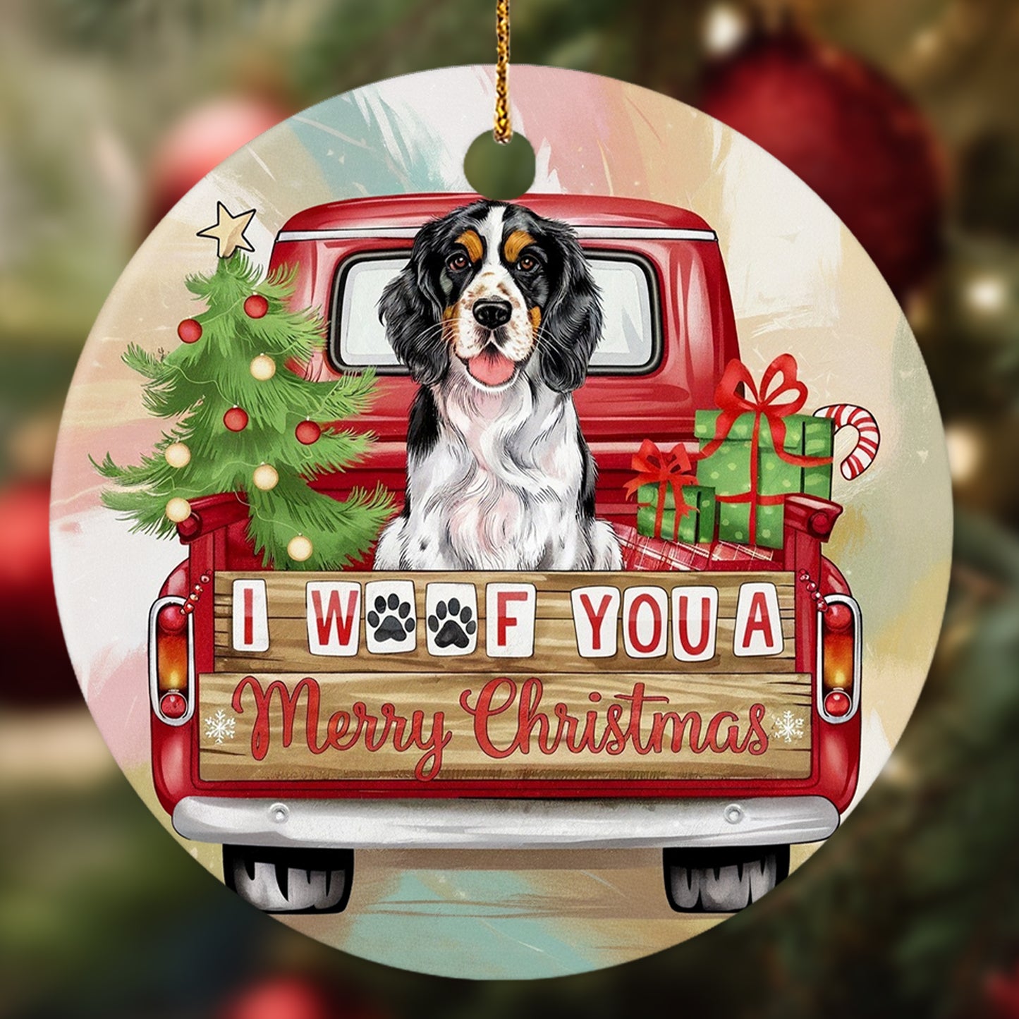 Netecom Cute Spaniel in Red Truck Ornament, I Woof You a Merry Christmas Ceramic Ornament for Christmas Tree Hanging Decorations Gift, Dog Lover Gifts, Holiday Party Present