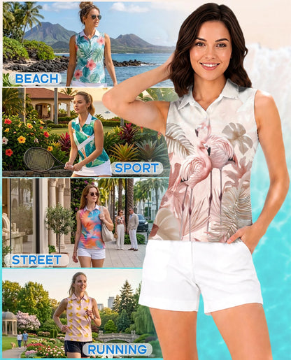 Art Flamingo Sleeveless Polo Shirt for Women – Colorful Tropical Style | Netecom