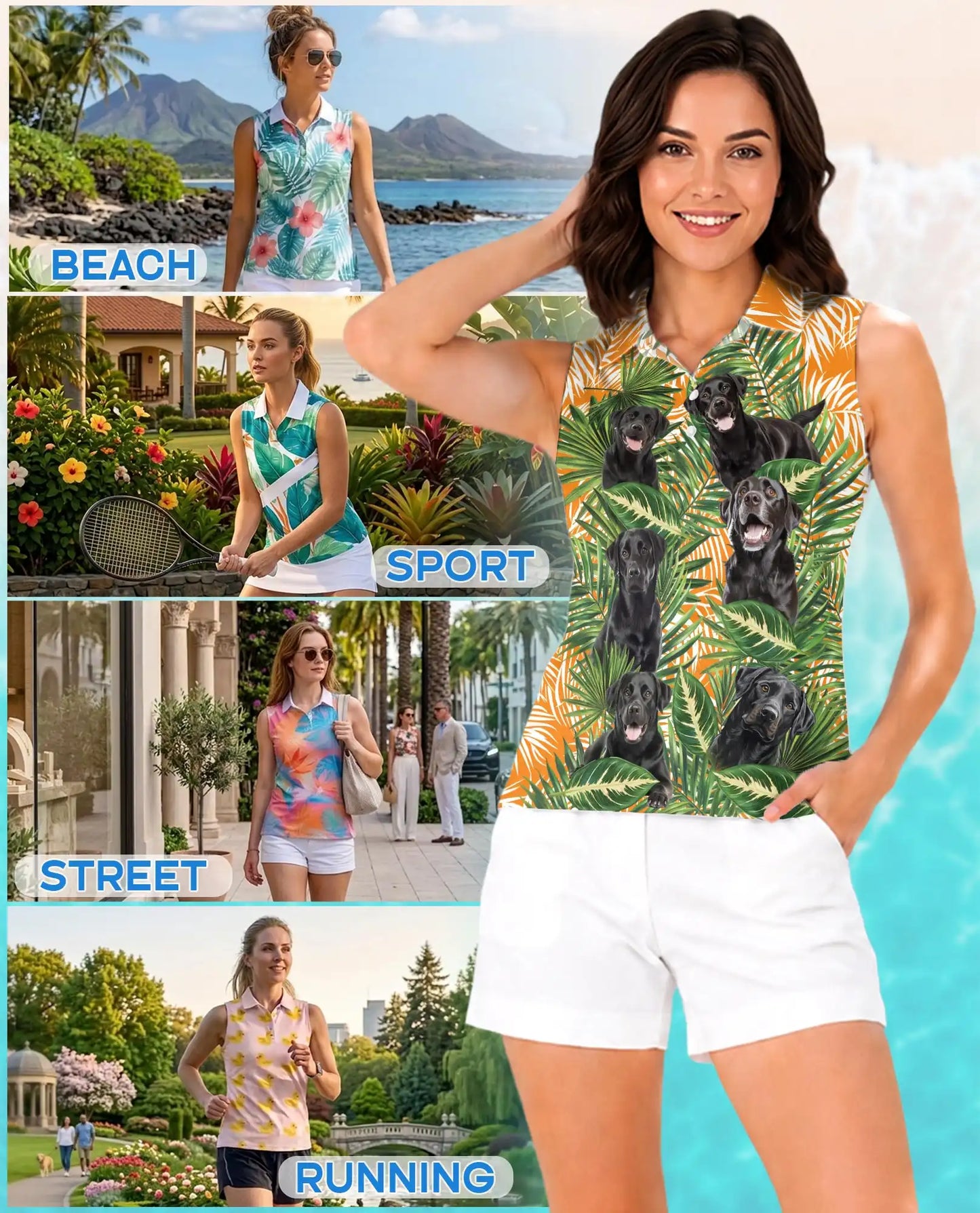 Black Labrador Tropical Sleeveless Polo Shirt for Women – Cute Dog Summer Style | Netecom