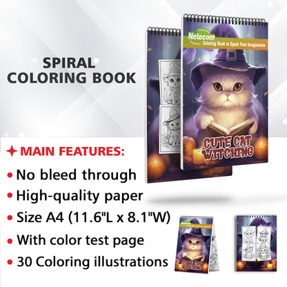 Cute Cat Witching Spiral Bound Coloring Book, Embark on a Coloring Journey with 30 Enchanting Pages, Where Cute Cat Witching Comes to Life.