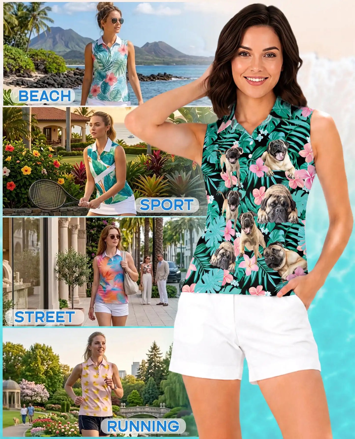 English Mastiff Summer Leaves Sleeveless Polo Shirt for Women | Netecom