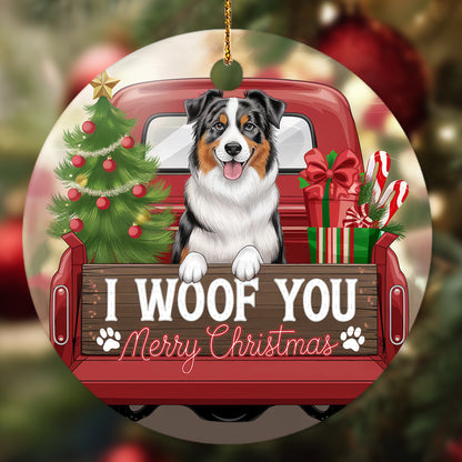 Netecom Cute Australian Shepherd in Holiday Truck Ornament, I Woof You Merry Christmas Ceramic Ornament for Christmas Tree Hanging Decorations Gift, Pet Lover Gifts, Holiday Decor Present