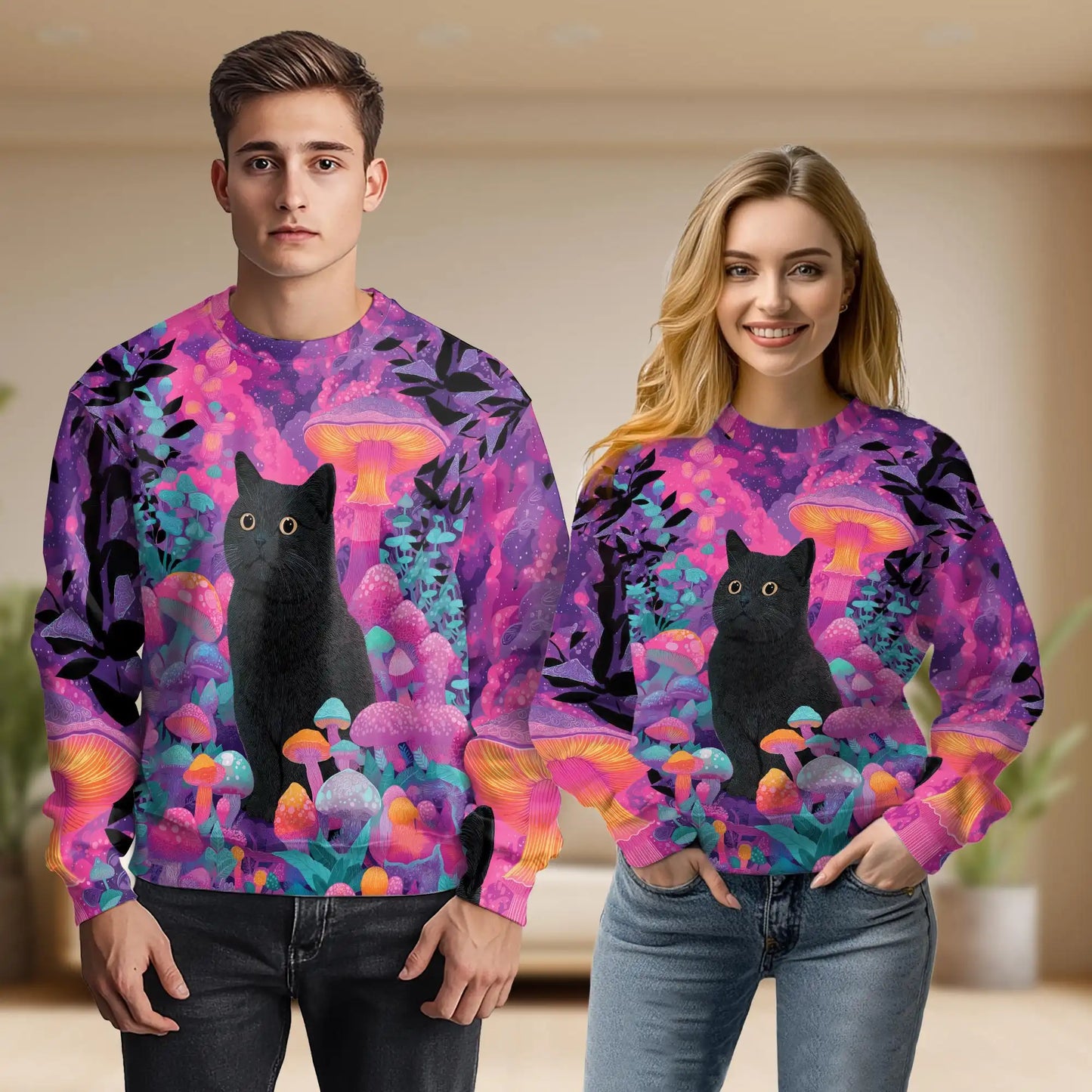 Psychedelic Black Cat Mushroom Sweatshirt, 3D All Over Print Fantasy Feline Crewneck Pullover for Men Women, Cat Lover Gift - Netecom