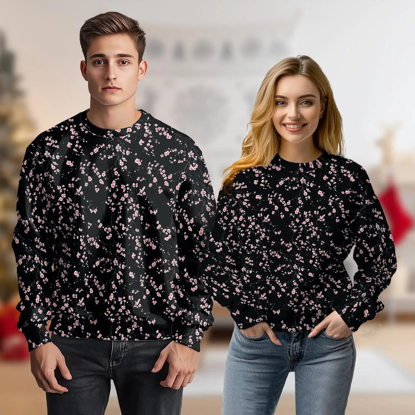 Cherry Blossom Sweatshirt, 3D All Over Print Pink Floral Branch Crewneck Pullover for Men Women, Spring Flower Lover Gift - Netecom