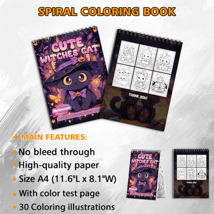 Cute Kawaii Cat Witches Spiral Bound Coloring Book, Whimsical Cat Witches in Kawaii Style, Great for Fans of Cute Magic and Playful Fantasy Art